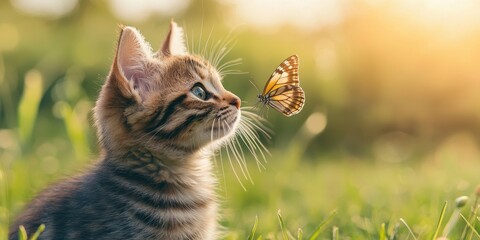 Obraz premium National pet day with playful and love idea. Curious kitten watches a butterfly in a sunlit garden.