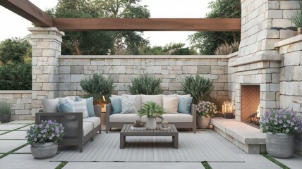 Serene Outdoor Patio Design with Fireplace and Comfortable Seating