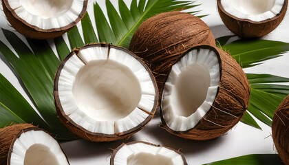 beautifully detailed close-up of a freshly cracked coconut, revealing its luscious white flesh and fibrous brown shell