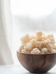 Wooden bowl filled with white quinoa. the bowl is placed on a white surface with a blurred background. the quinoa appears to be cooked and has a smooth texture.