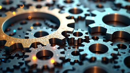 Сlose-up of interlocking spinning gears, symbolizing connectivity of mechanical systems, concept of engineering, manufacturing