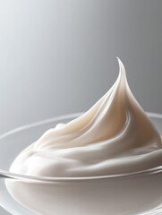 Close-up of a bowl of whipped cream. the bowl is made of clear glass and is placed on a white surface. the whipped cream is a light beige color and has a smooth texture.