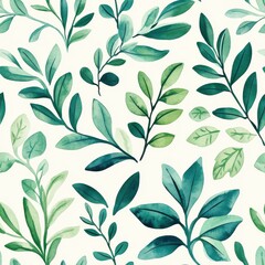 Whimsical watercolor doodles of various green leaves and foliage arranged in a playful pattern