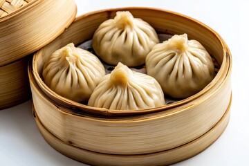 Authentic Chinese Dumplings Steamed in Bamboo Basket with Delicate Pleats and Savory Filling