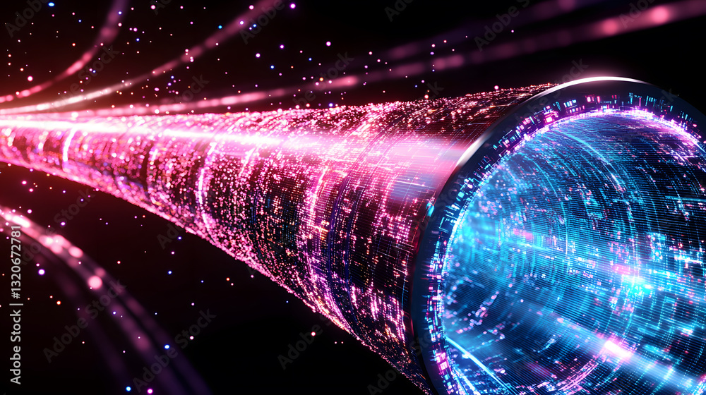 Poster a vibrant tunnel of light and energy, showcasing a futuristic design with swirling colors and dynami