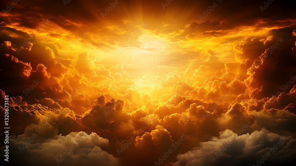 Poster a stunning view of a vibrant sunset, with rays of sunlight breaking through golden clouds, creating 