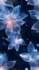 Seamless Delicate Ethereal Floral Patterns Against a Dark Cosmic Background: A Serene and Dreamy Exploration of Nature's Beauty in an Abstract Universe.