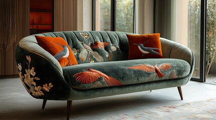 Sculptural Hummingbird Design on a Sage Green Velvet Sofa, Blending Art and Comfort in Perfect Harmony