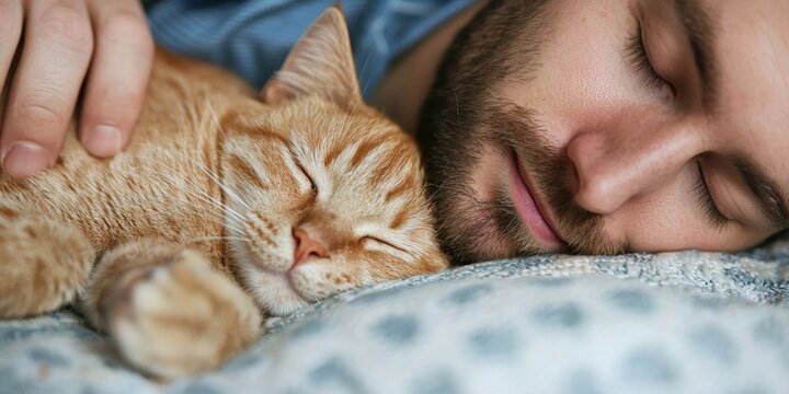National pet day with playful and love idea. Man peacefully sleeping with a cat on a cozy blanket.