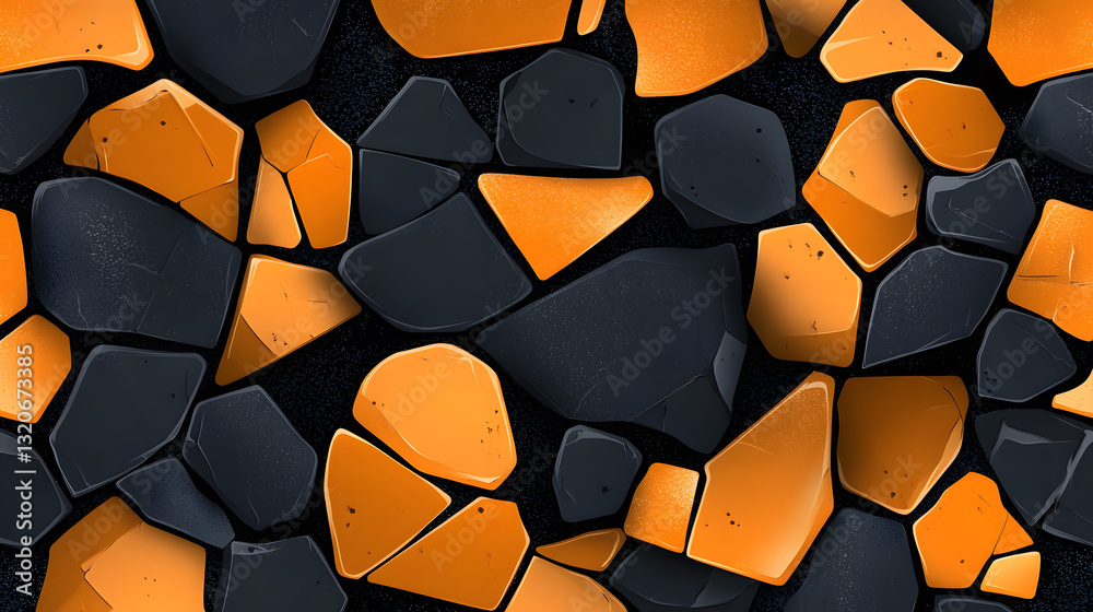 Poster A textured pattern of black and orange fragments arranged together, creating a striking visual contrast