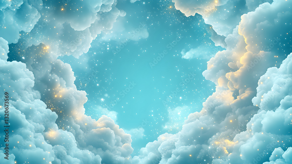 Poster a serene sky filled with fluffy clouds, illuminated by soft light, creating a tranquil and dreamy at