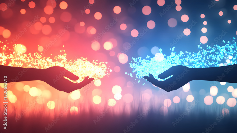 Poster two hands reach toward each other, one glowing red and the other blue, surrounded by colorful bokeh 