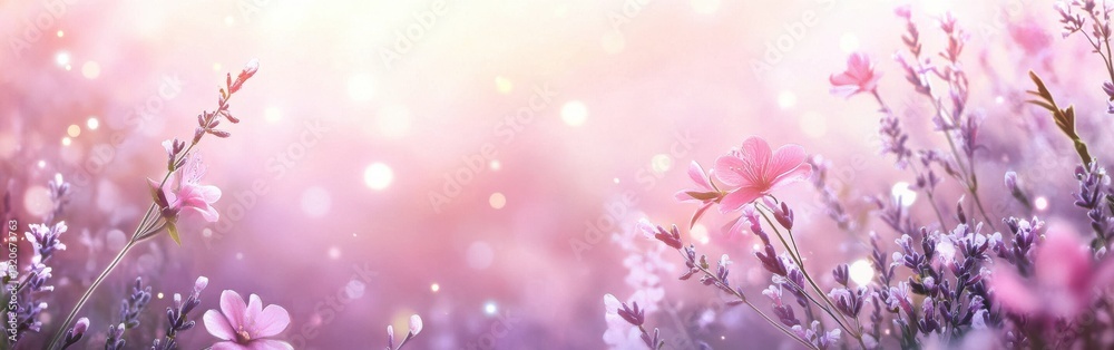 Poster Vibrant gradient background with blooming flowers and a soft atmosphere in a serene nature setting