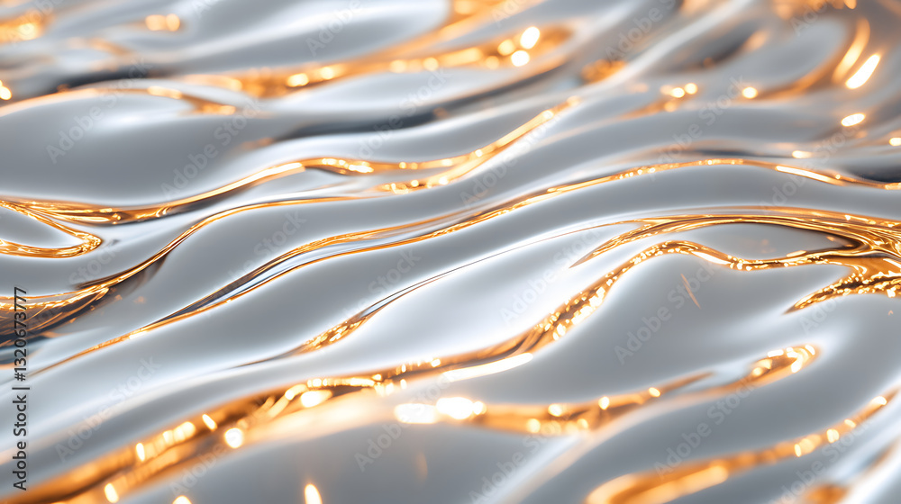 Aufkleber a close-up view of flowing liquid with golden and silver hues, showcasing a smooth, wavy texture tha