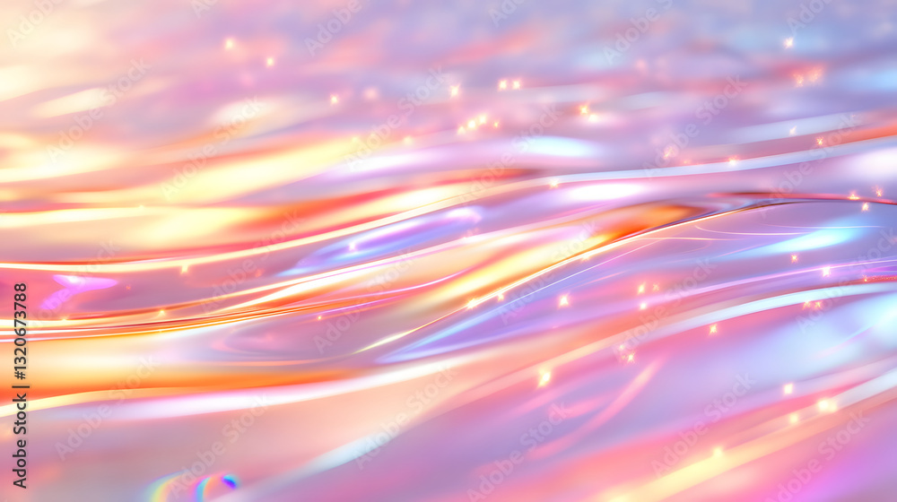Poster a shimmering, colorful surface reflecting light, creating a dreamy, ethereal atmosphere with flowing