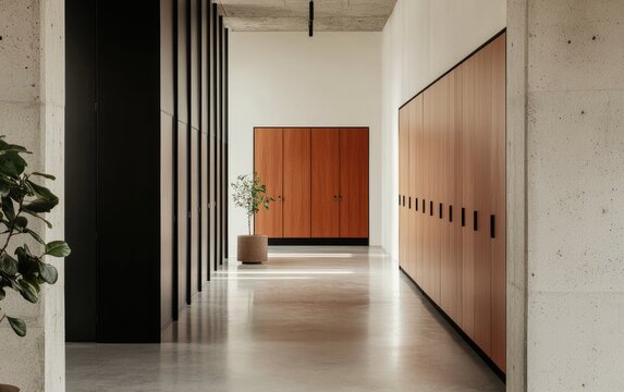 Modern minimalist hallway with polished concrete floor, dark wood cabinets, and speckled concrete walls. A small plant sits in a pot near the center