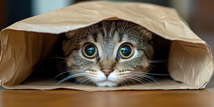 National pet day with playful and love idea. Cat hiding inside a paper bag with curious eyes.
