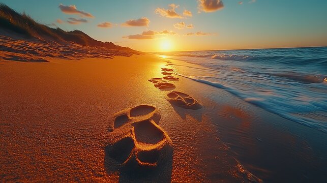 Golden sand footprints, leading along the ocean, represent the choice of direction and the fear of better options fobo in decision making.