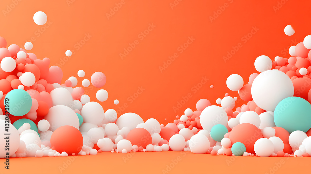 Poster a vibrant abstract scene featuring colorful spheres in shades of orange, white, and teal, creating a