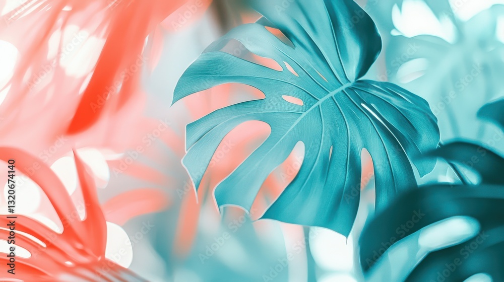 Poster vibrant bokeh background with tropical leaves in shades of teal and coral creating a lively aestheti