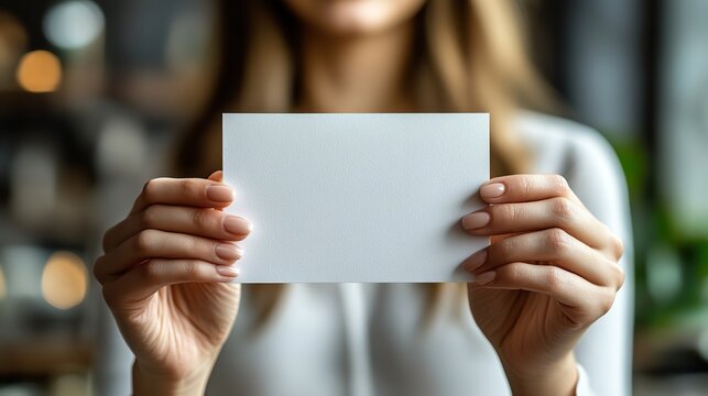 Gray background, hand holding blank white card close up customizable template for design and marketing.
