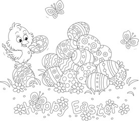 Greeting card with a happy little chick with a brush and a palette painting Easter gift eggs among spring flowers with fluttering merrily butterflies, black and white vector cartoon illustration