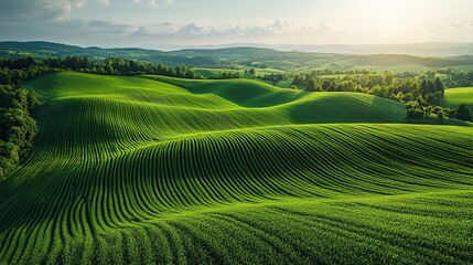Fototapeta premium Green fields form a geometric pattern, agricultural artistry.