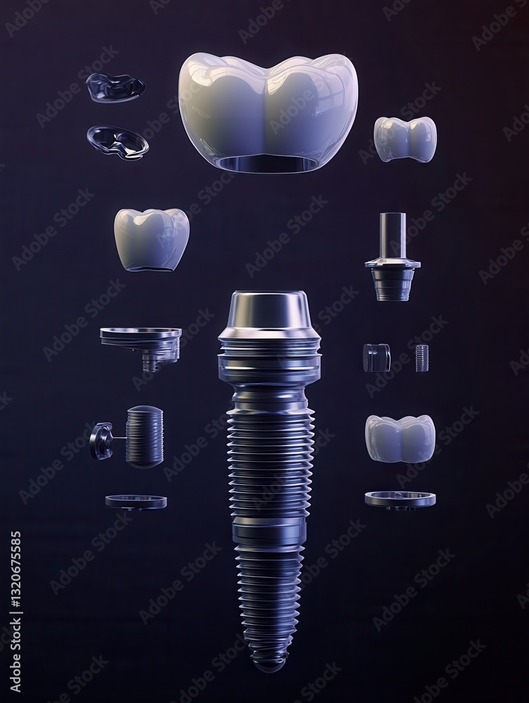 Poster detailed 3d render of a dental implant in exploded view showcasing all components against a gradient