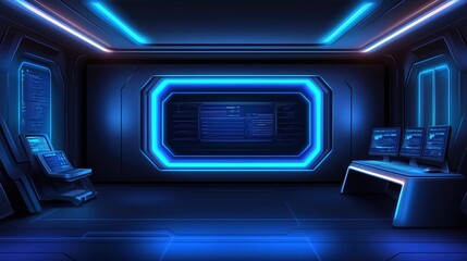 Obraz premium Futuristic sci-fi control room with neon blue lighting and digital screens, high-tech workspace for cybersecurity or space exploration