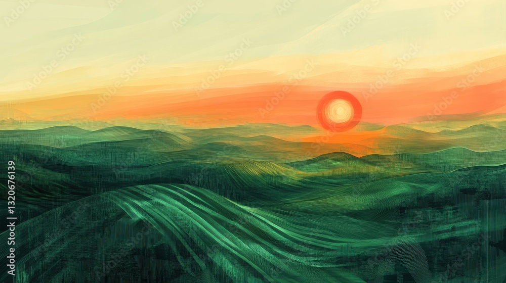 Poster surreal landscape of rolling hills under a vibrant sunset with colorful sky elements showcasing graf