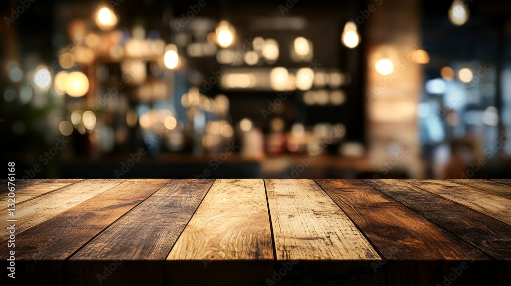 Poster a rustic wooden table invites creativity, set against a softly blurred background of warm lights and