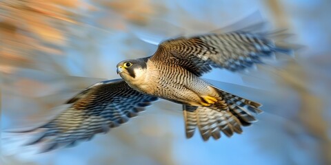 Peregrine falcon in flight, showcasing powerful wings and sharp vision. Captures essence of speed and agility against a blurred background.