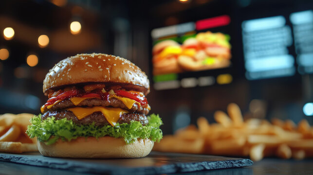 Fast food menu displayed on a digital monitor. Restaurant screen showcasing meals, prices, and promotions. Modern ordering system. banner, copy space
