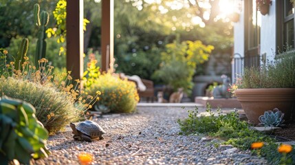 Serene garden path at sunset with lush greenery, flowers, and a soft glow. Perfect for nature and tranquility-themed projects.