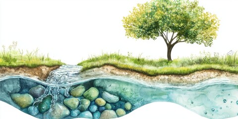 Flowing stream and tree above water nature illustration serenity
