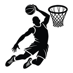 Basketball Player Silhouette in Action, Dynamic Dunk and Shooting Pose Vector Illustration
