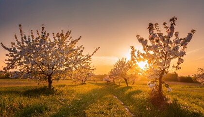 Fototapeta premium Orchard meadow with blooming trees at sunset in spring