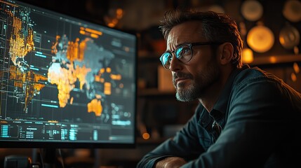 Obraz premium In a dark room with coins, a businessman examines financial charts on a screen, analyzing market trends and investments.
