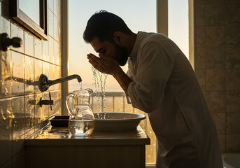Man Performing Wudu (Ablution) Before Prayer