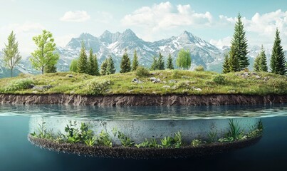 Floating island landscape nature scene mountains reflection serenity