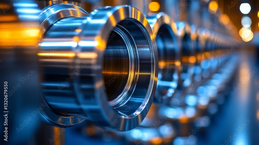 Poster close-up view of finely crafted aluminum and steel components aligned in a manufacturing facility. t