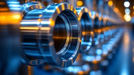 Fototapeta premium Close-up view of finely crafted aluminum and steel components aligned in a manufacturing facility. The assembly line highlights advanced automation and engineering technologies used in production.