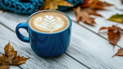 A blue coffee cup with a white heart on it