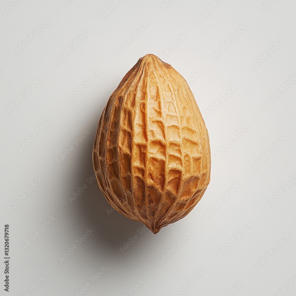 Poster Single roasted peanut in its shell resting on a neutral background in a well-lit environment showcasing its texture and shape