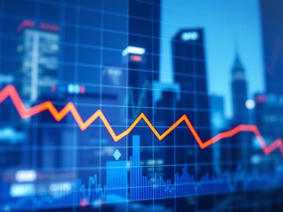 Vibrant city skyline with a red line trending upwards illustrating growth and economic prosperity