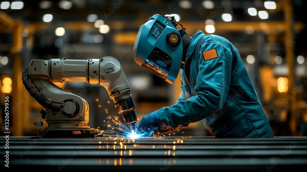 Poster A skilled worker engages in welding activities using a robotic arm in a high-tech manufacturing plant.