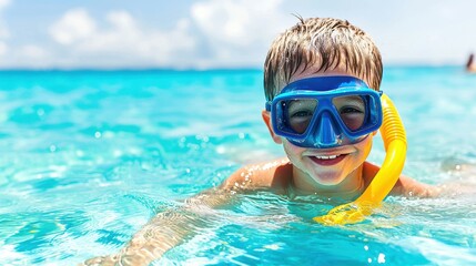 Naklejka premium A boy is in the water wearing a blue snorkel