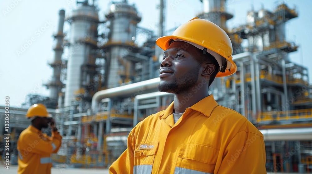 Aufkleber skilled workers engage in tasks at a busy petrochemical refinery, showcasing automated systems and e
