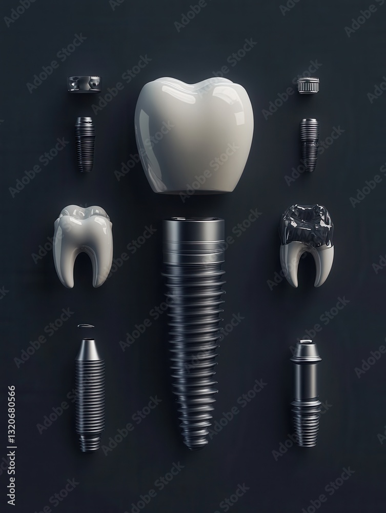 Poster Detailed 3D render of a dental implant in exploded view showcasing all components against a gradient background