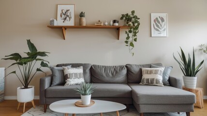 Serene Living Room Interior Design with Gray Sectional Sofa and Lush Greenery